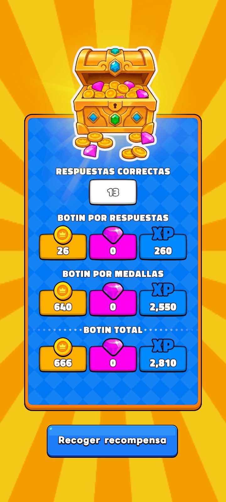 Cofre de recompensas con el botín de monedas, gemas y XP