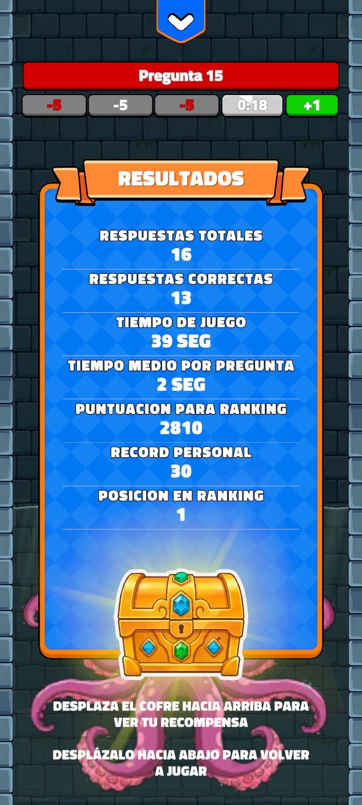 Pantalla de resultados con aciertos, tiempo medio y posición en el ranking
