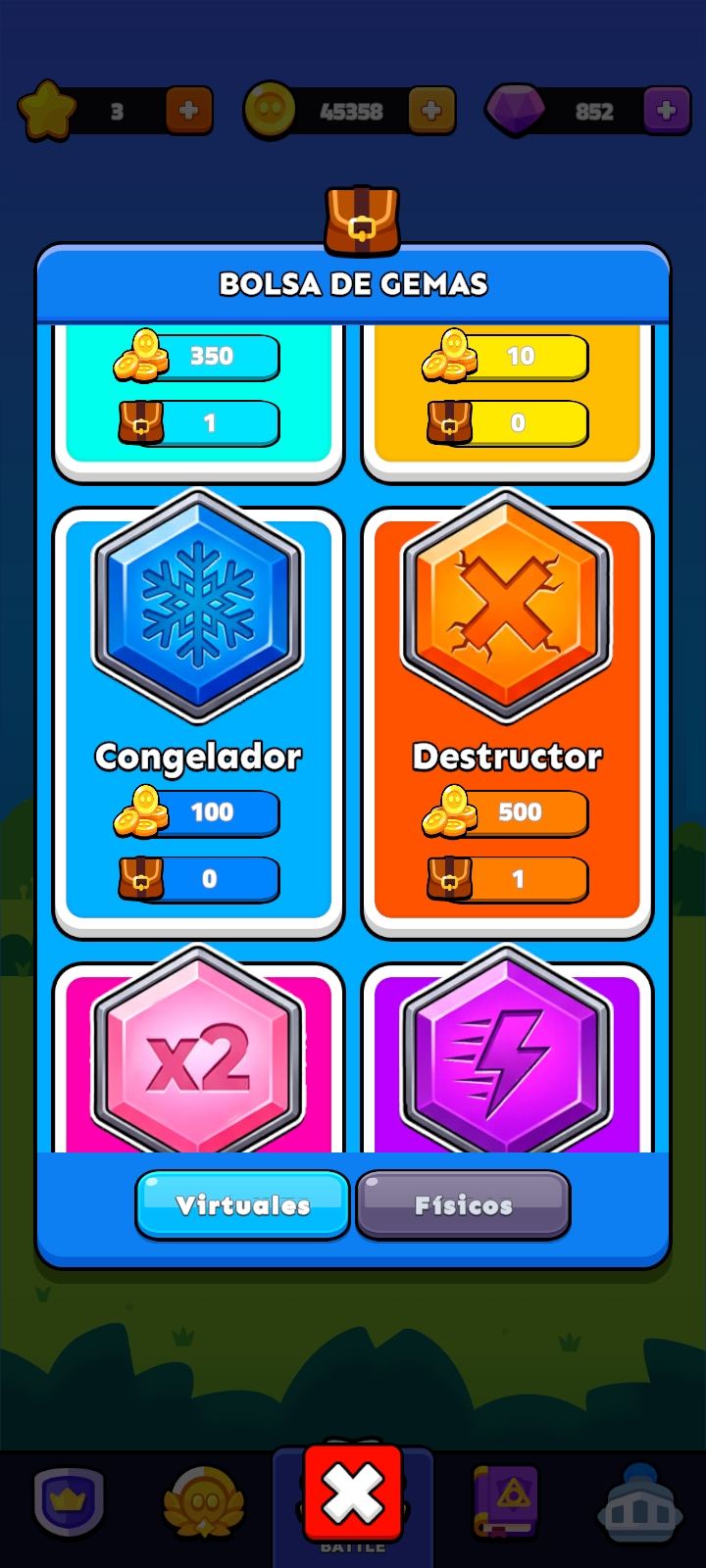 Bolsa de gemas con los potenciadores disponibles