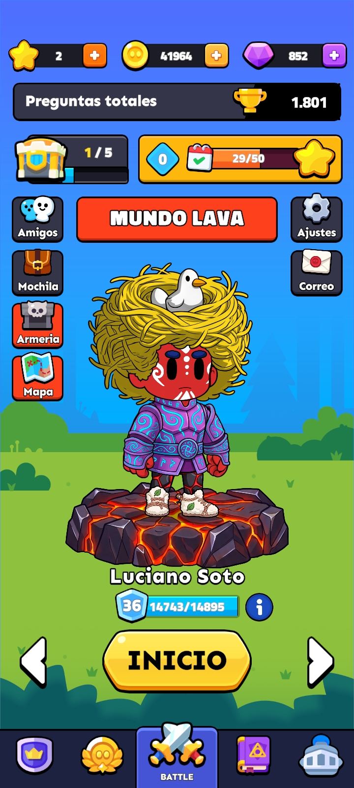 Pantalla de inicio de War Test: mundo, avatar y progreso del alumno