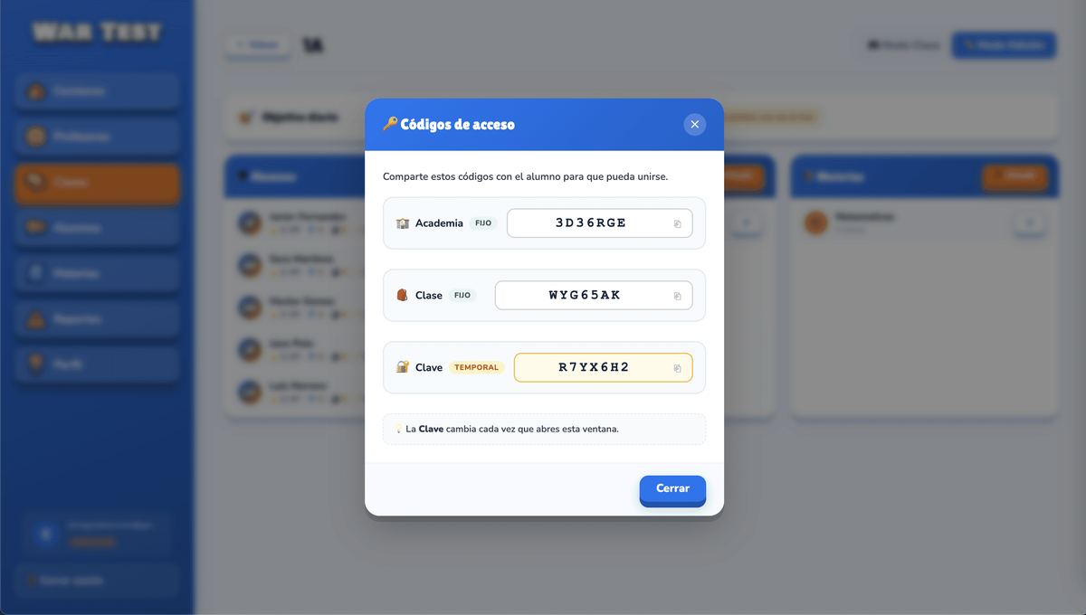 Panel de WarTest: códigos de academia y clase más la clave temporal para que un alumno se una