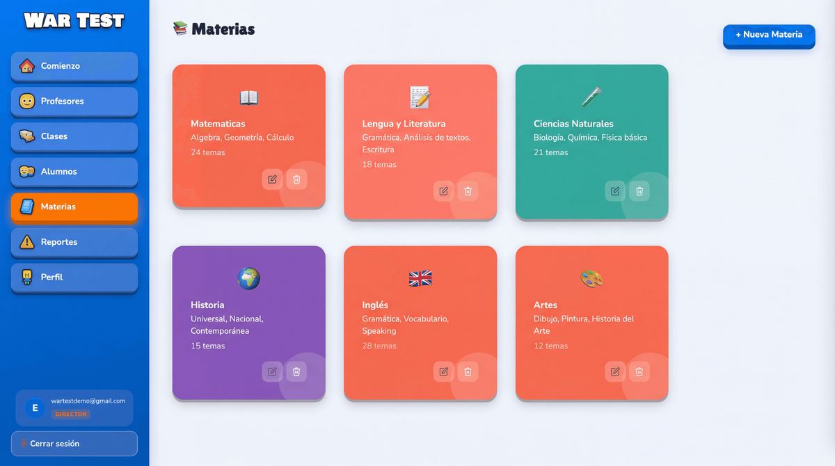 Panel de WarTest: gestión de materias con sus bloques temáticos y número de temas