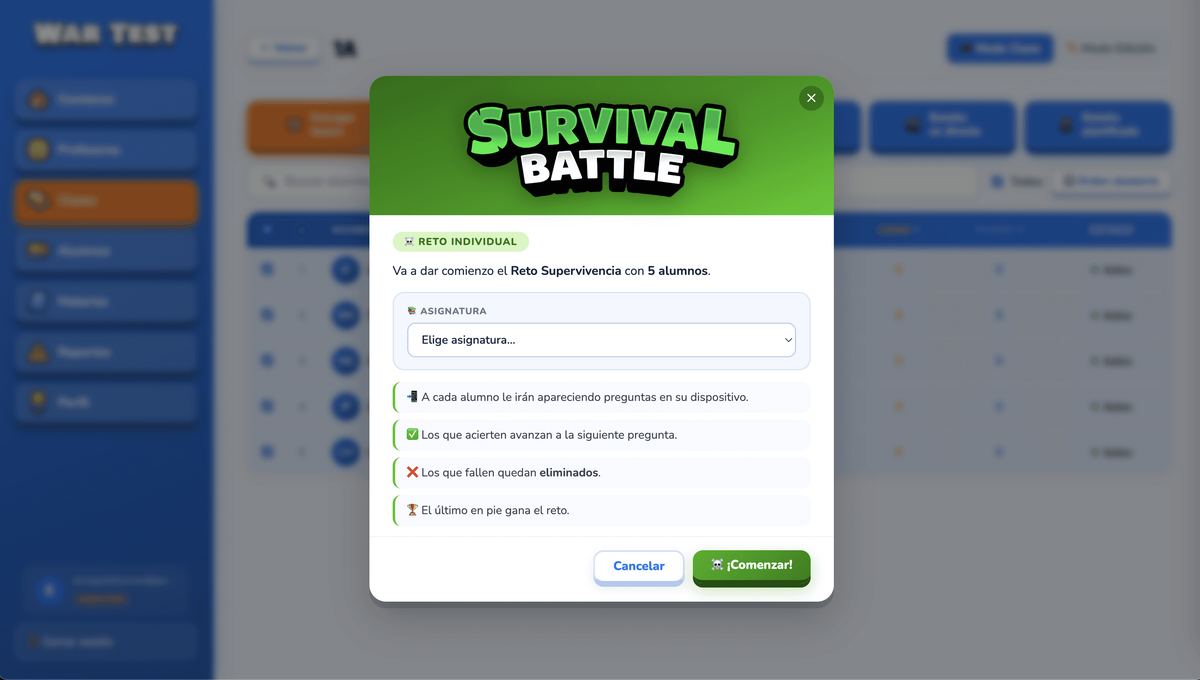 Panel de WarTest: Survival Battle, el reto en directo en el que quien falla queda eliminado
